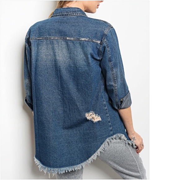 Distressed Denim Shirt Jacket Rose Patch S - Picture 7 of 7